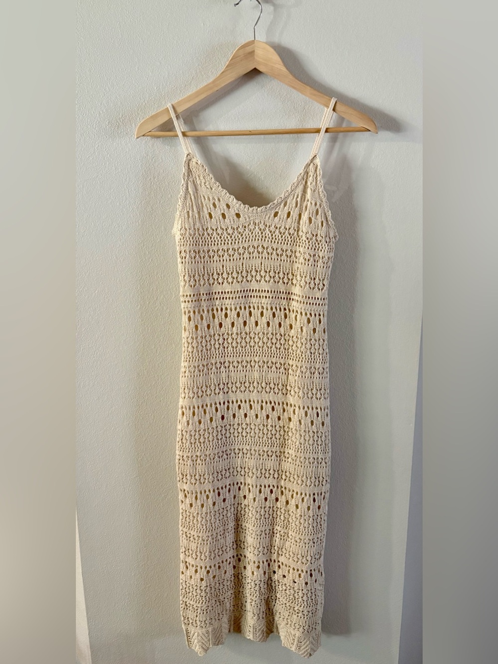 Crochet Knit Spaghetti Strap Dress - Cream